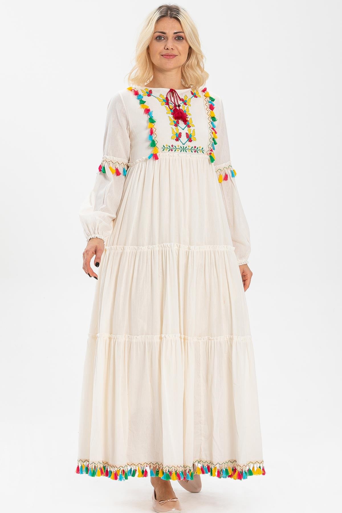 Uzun Kol Şile Bezi İffet Uzun Elbise Krem Krm