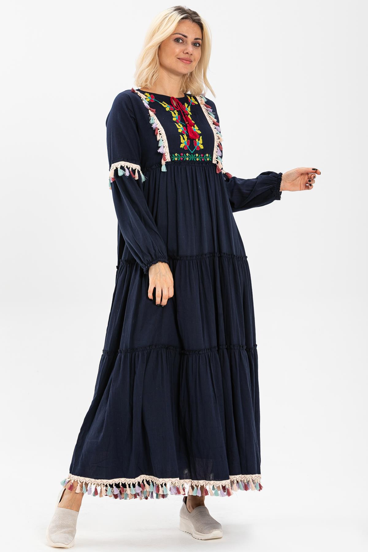 Long Sleeve Şile Fabric İffet Long Dress Navy Blue