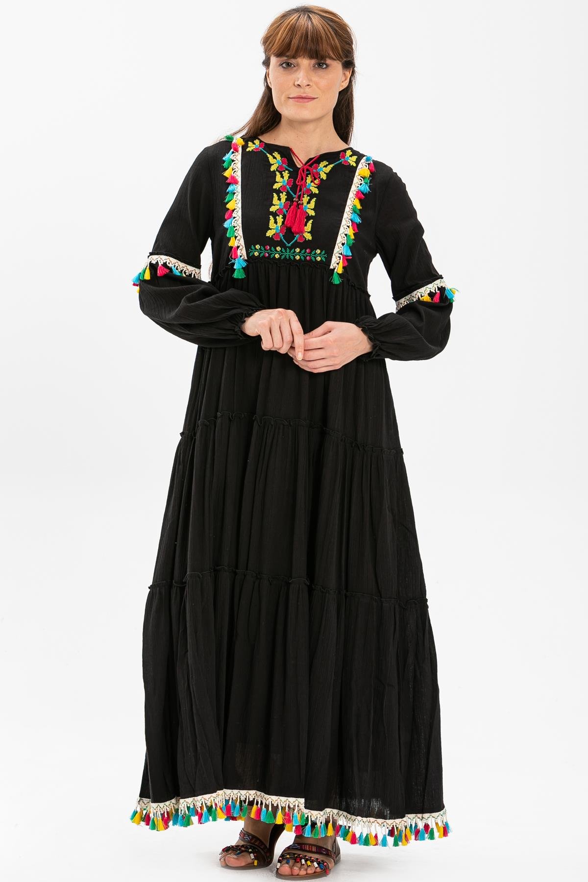 Uzun Kol Şile Bezi İffet Uzun Elbise Siyah Syh