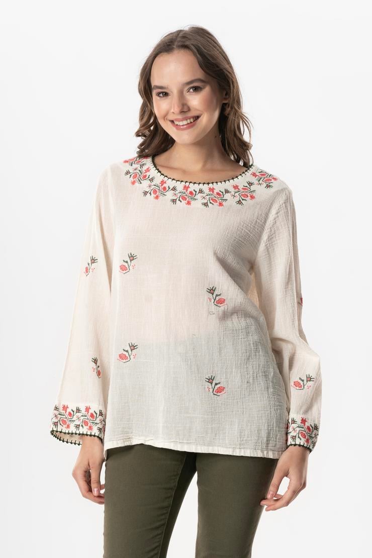 Long Sleeve Sile Cloth Kiraz Embroidery Summer Blouse Cream