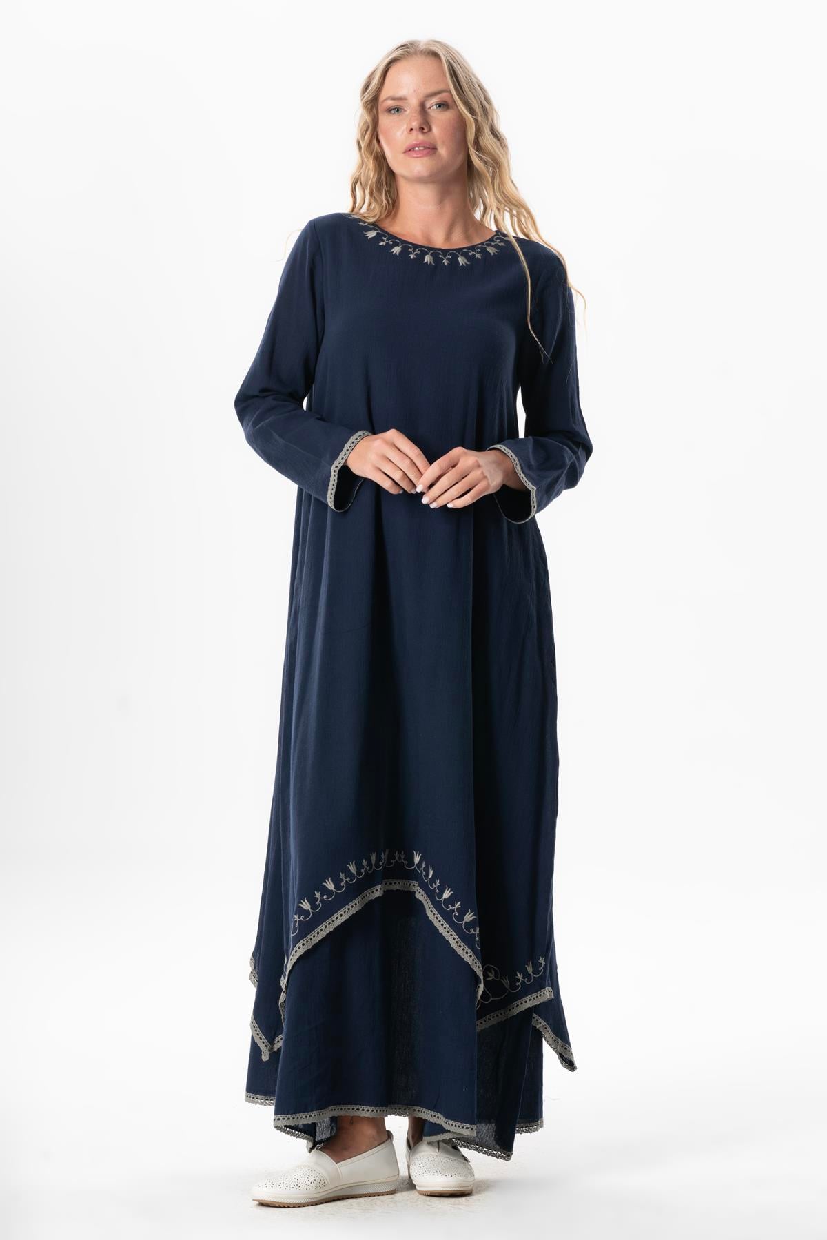 Long Sleeve Sile Cloth Lerzan Oval Collar Embroidered Summer Dress Dark Blue