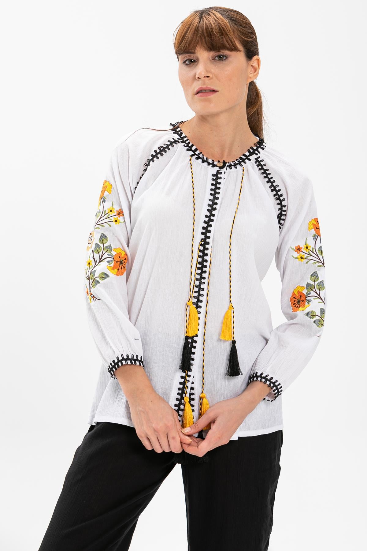 Long Sleeve Şile Fabric Nigar Blouse White