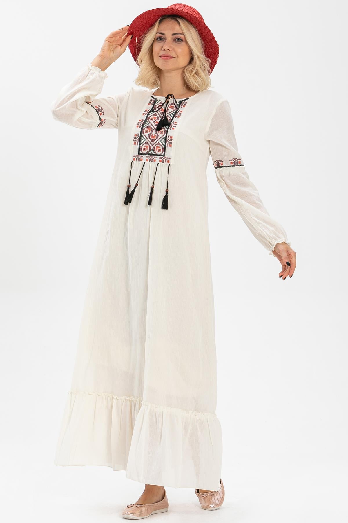 Long Sleeve Şile Fabric Seher Long Dress Cream