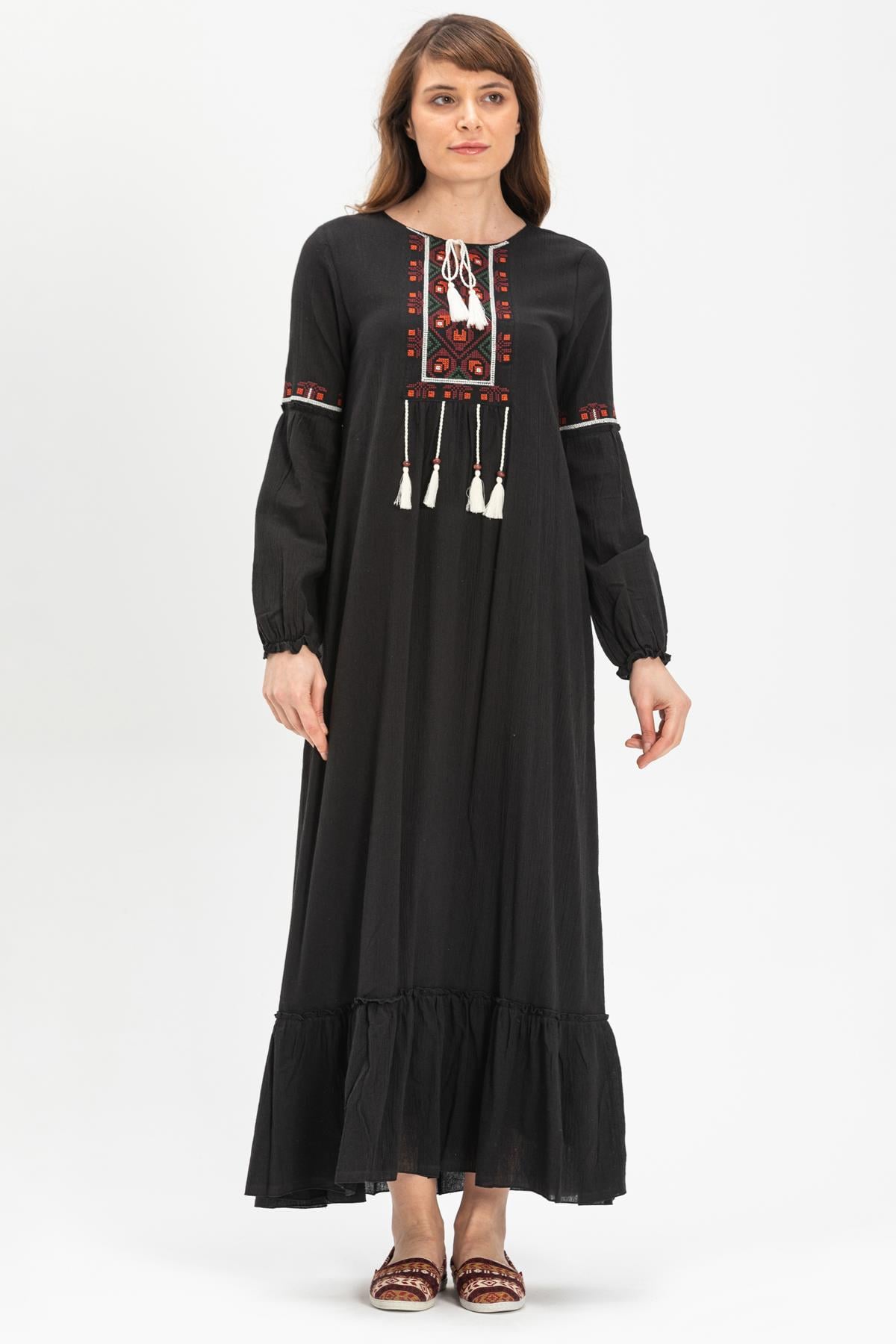 Long Sleeve Şile Fabric Seher Long Dress Black