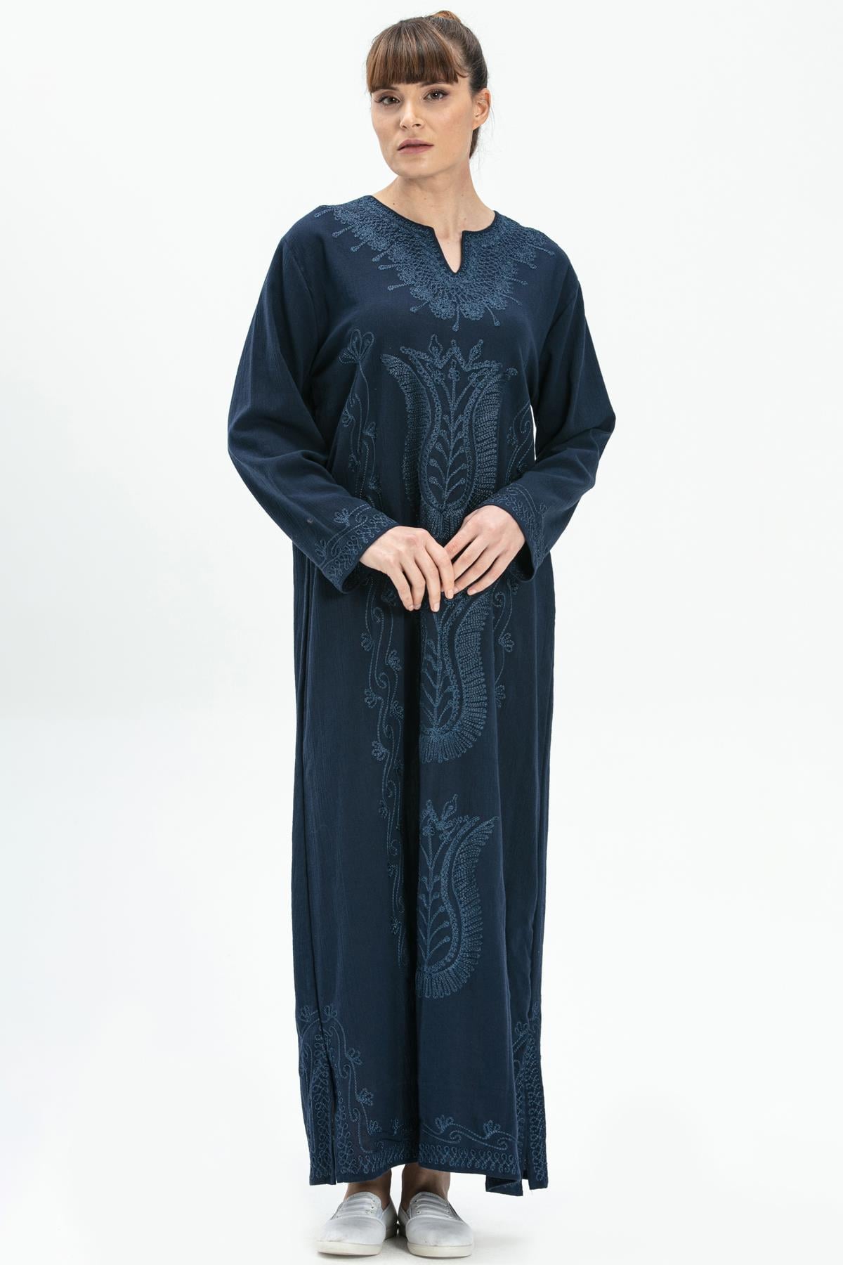 Uzun Kol Şile Bezi Simli Kaftan Midi Boy Elbise Lacivert Lcvt