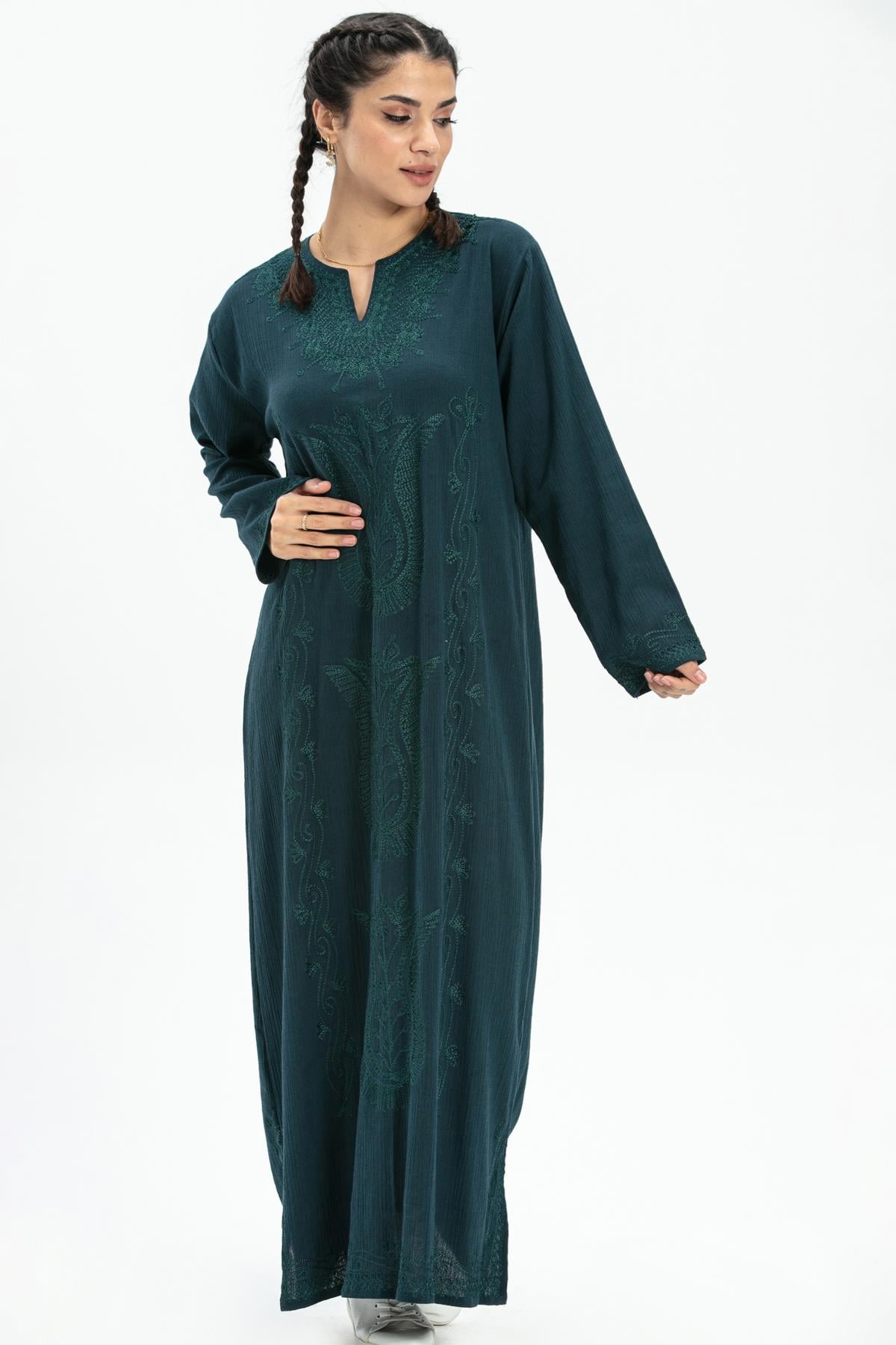 Long Sleeve Şile Fabric Simli Kaftan Midi Dress Petrol