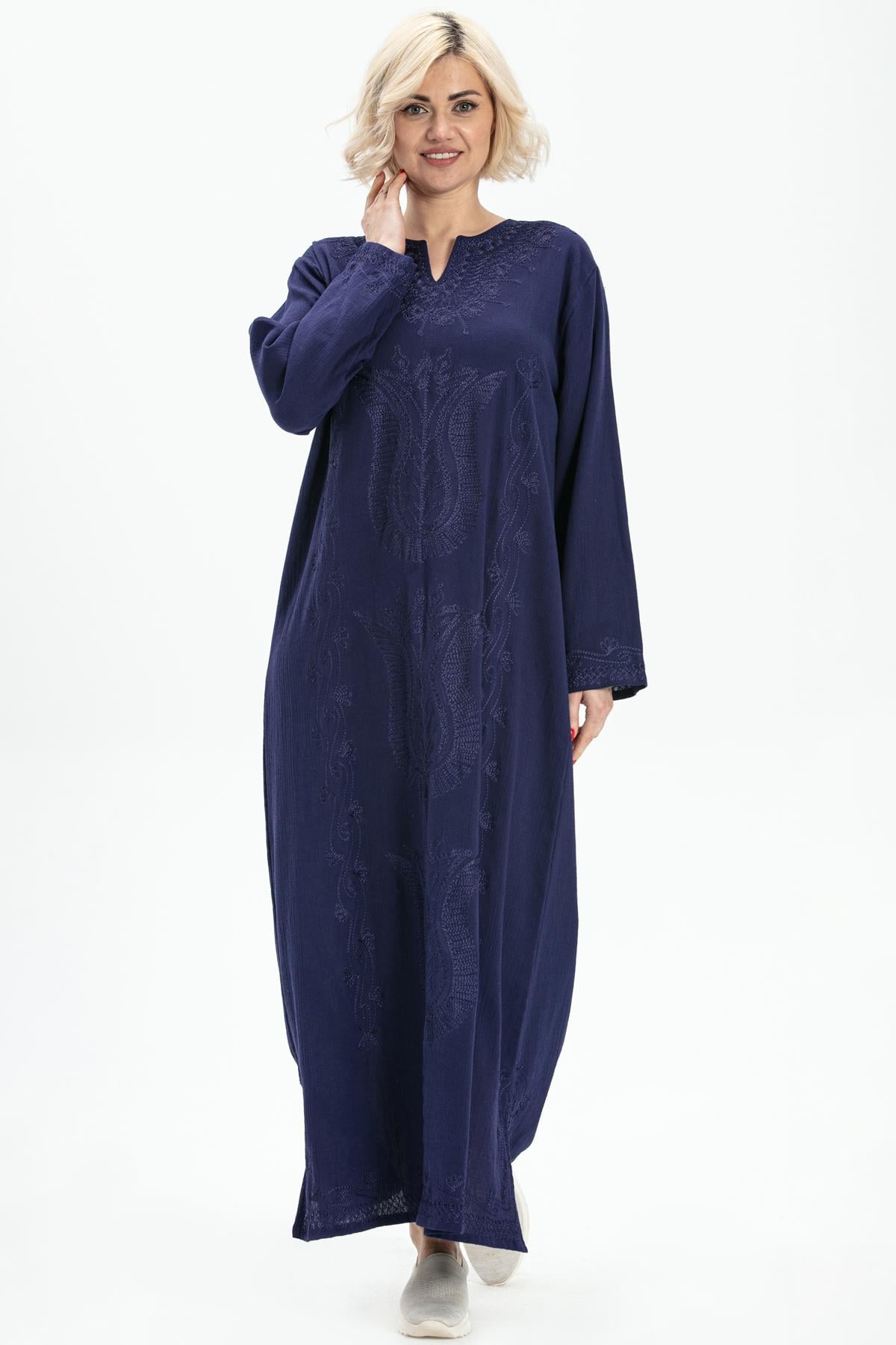 Long Sleeve Şile Fabric Simli Kaftan Midi Dress Purple