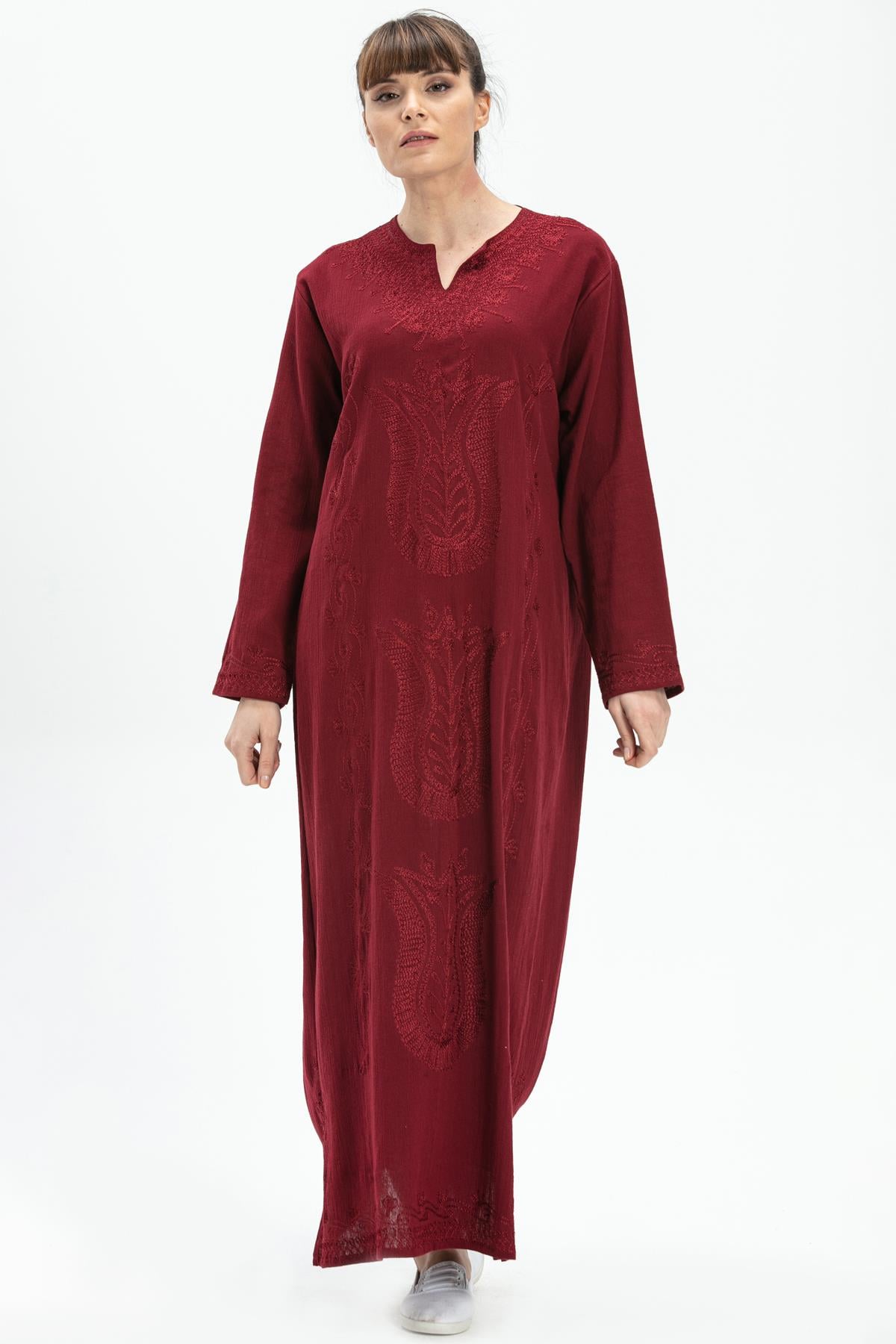 Long Sleeve Şile Fabric Simli Kaftan Midi Dress Burgundy