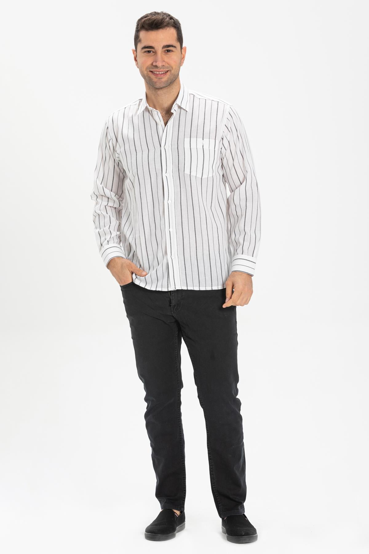 Long Sleeve Sile Fabric Men Shirt White Black Striped