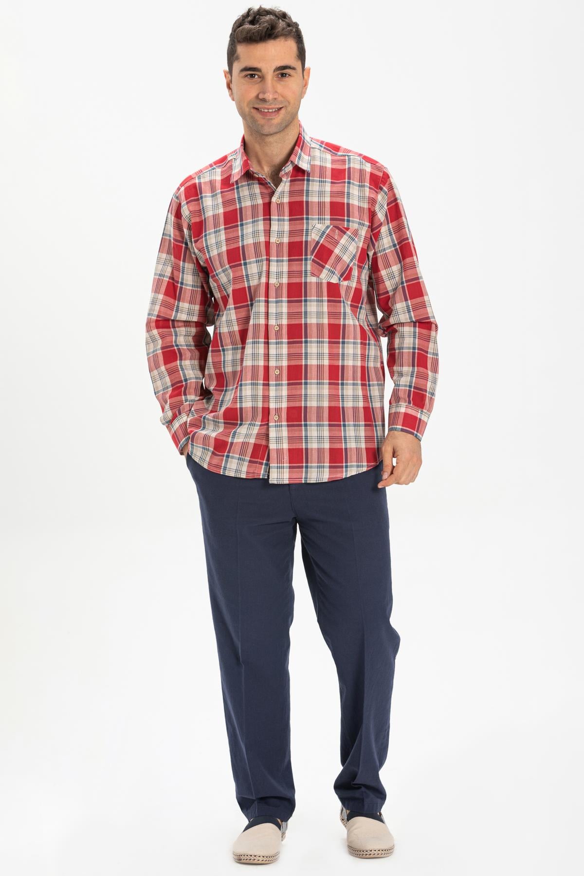 Long Sleeve Sile Fabric Men Shirt Red Scotch Plaid