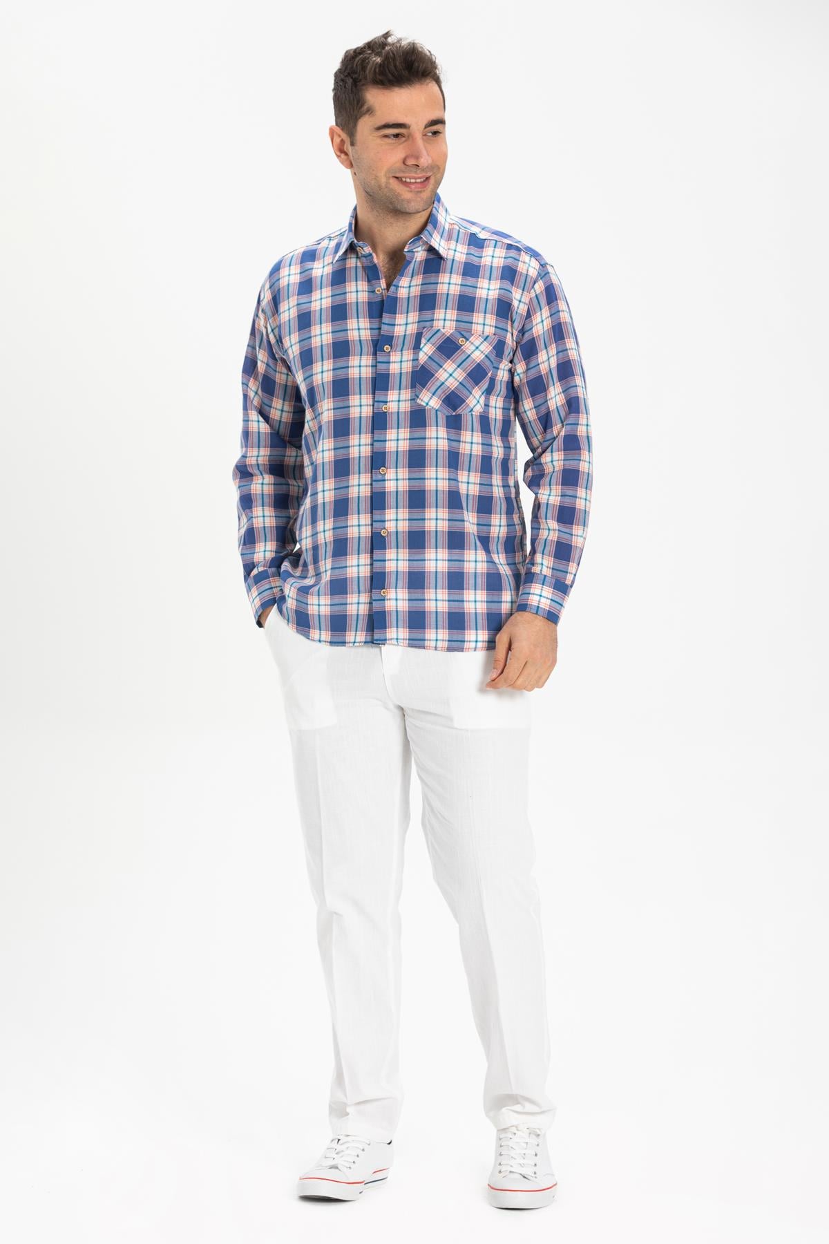 Long Sleeve Sile Fabric Men Shirt Saxe Scotch Plaid
