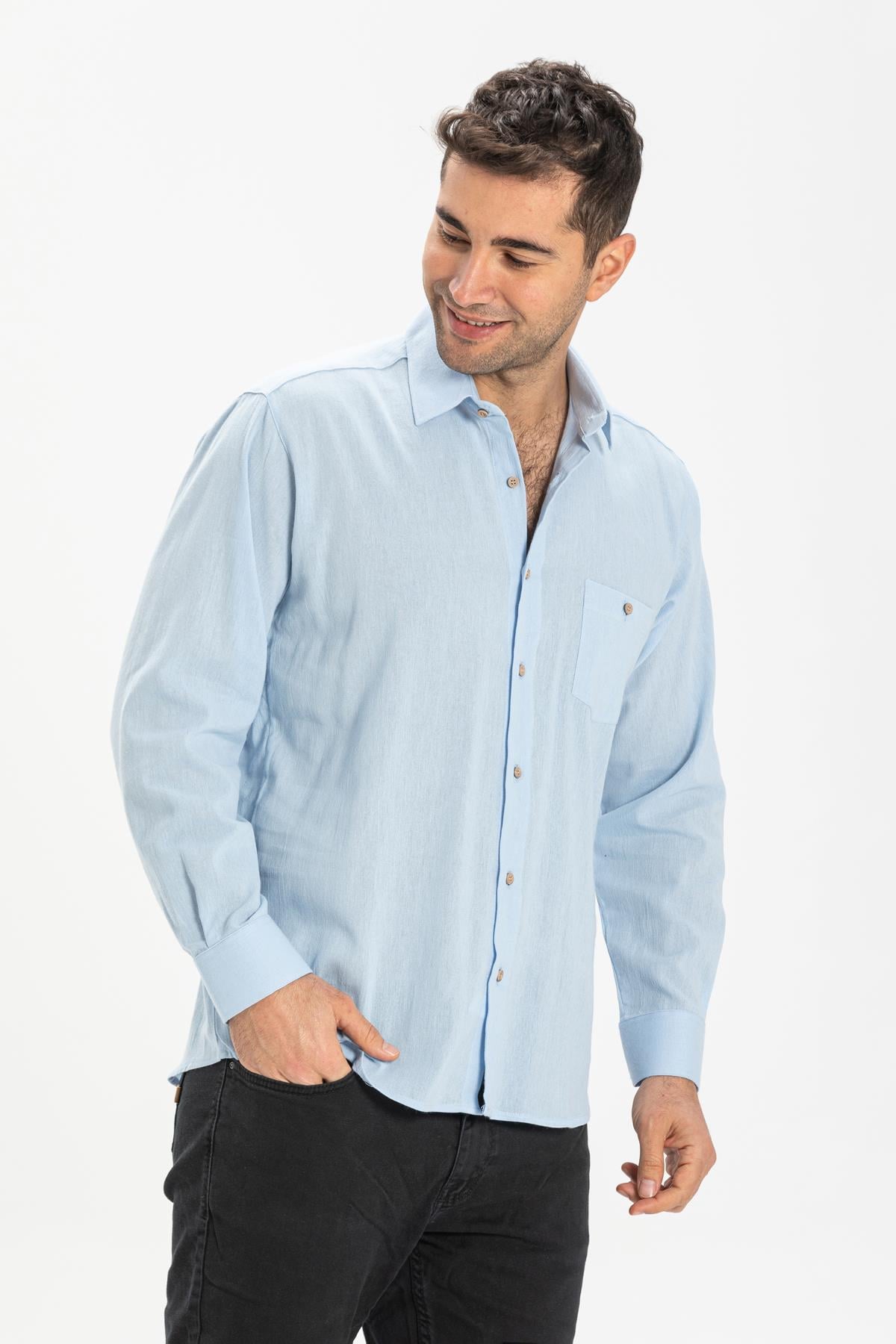 Long Sleeve Sile Fabric Men Shirt Ice Blue