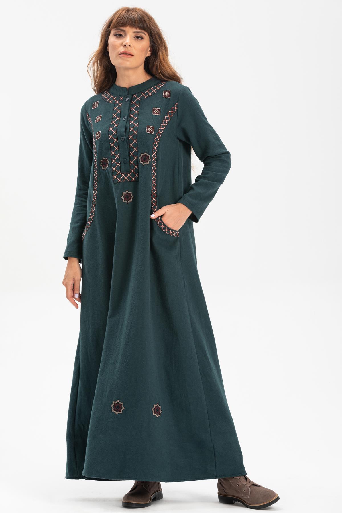 Long Sleeve Flannel Sude Embroidered Long Dress Petrol