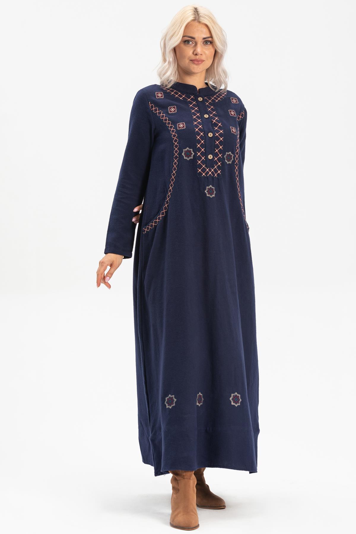 Long Sleeve Flannel Sude Embroidered Long Dress Navy Blue