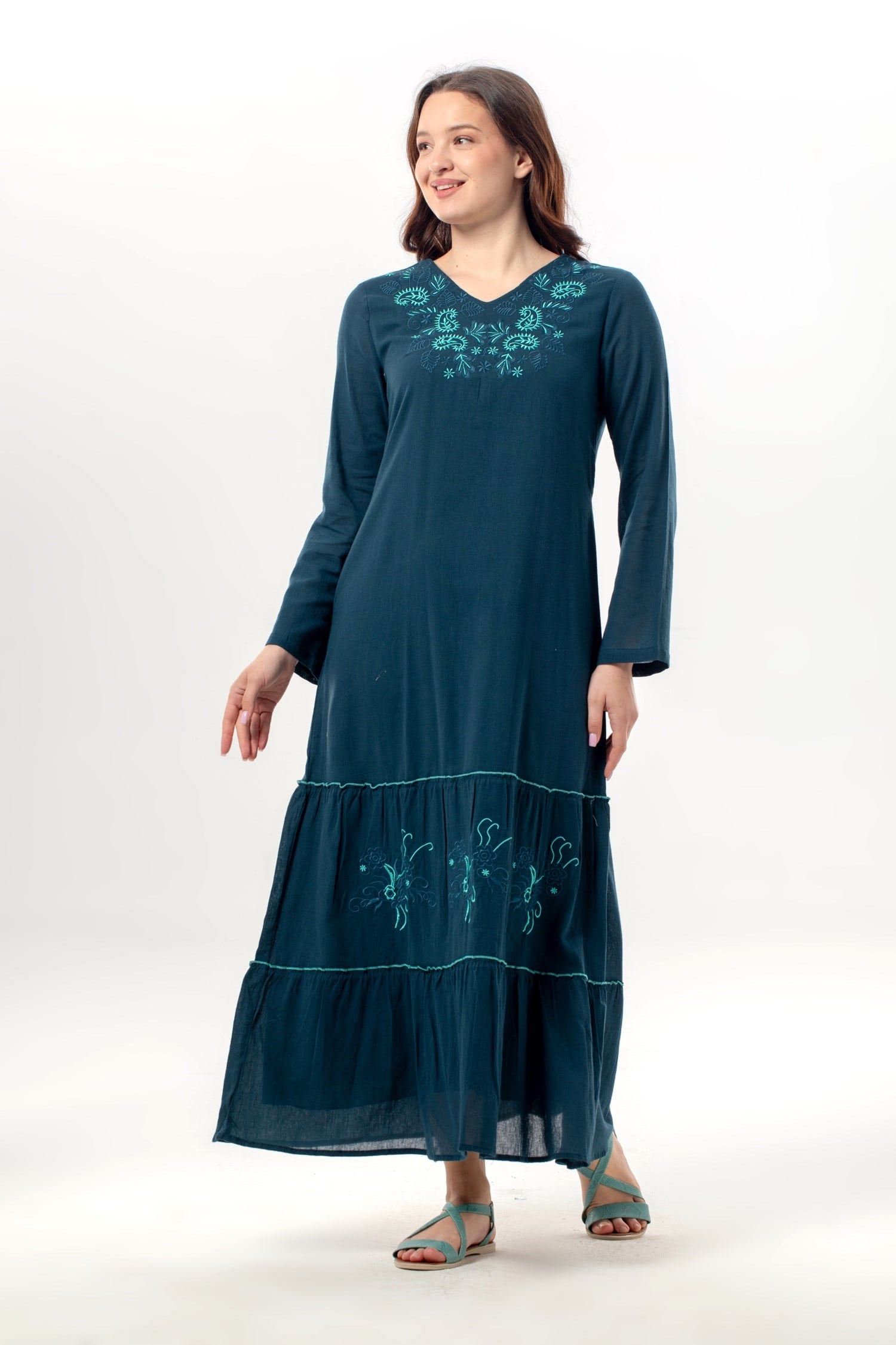 Long Sleeve Venedik Embroidered Sile Fabric Long Dress Dark Green
