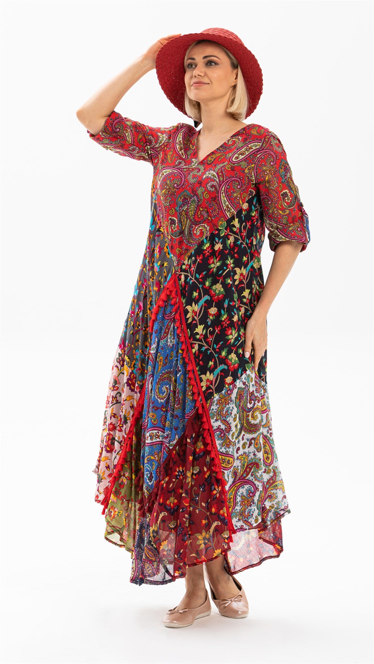 Uzun Kol Vual Patchwork Elbise Kırmızı