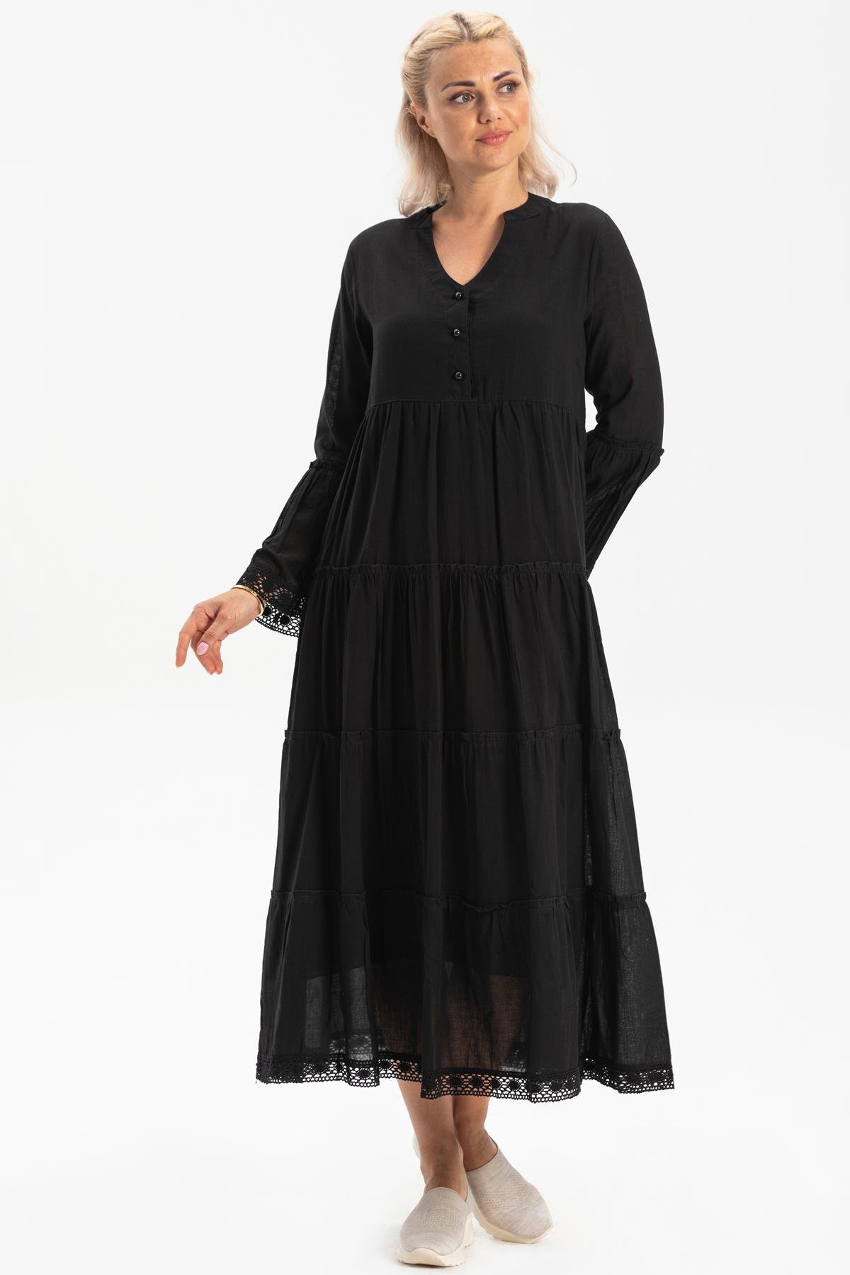 Uzun Kol Vual Şeyma Uzun Elbise Siyah Syh