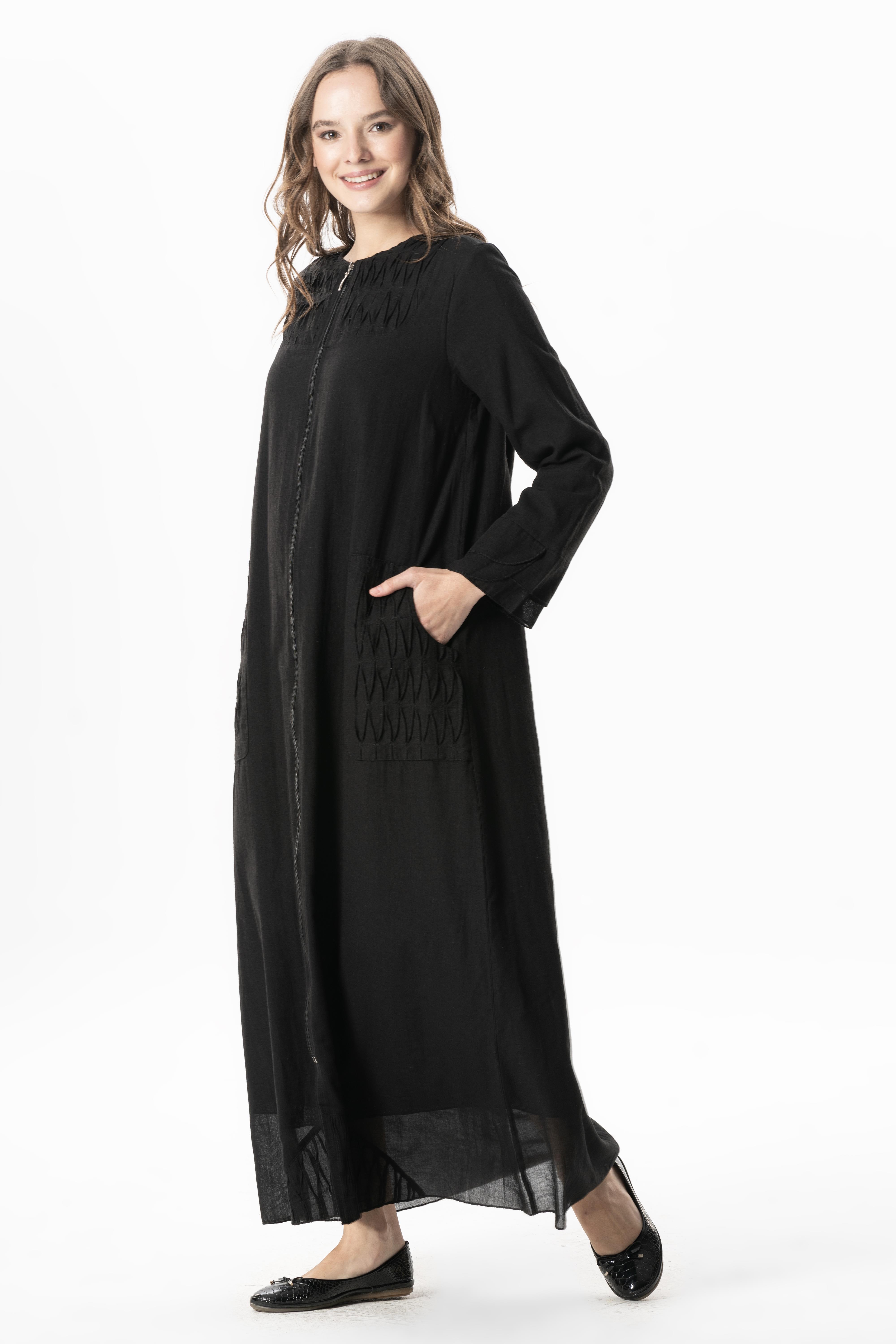 Long Sleeve Voile Tülay Ribbed Summer Abaya Black