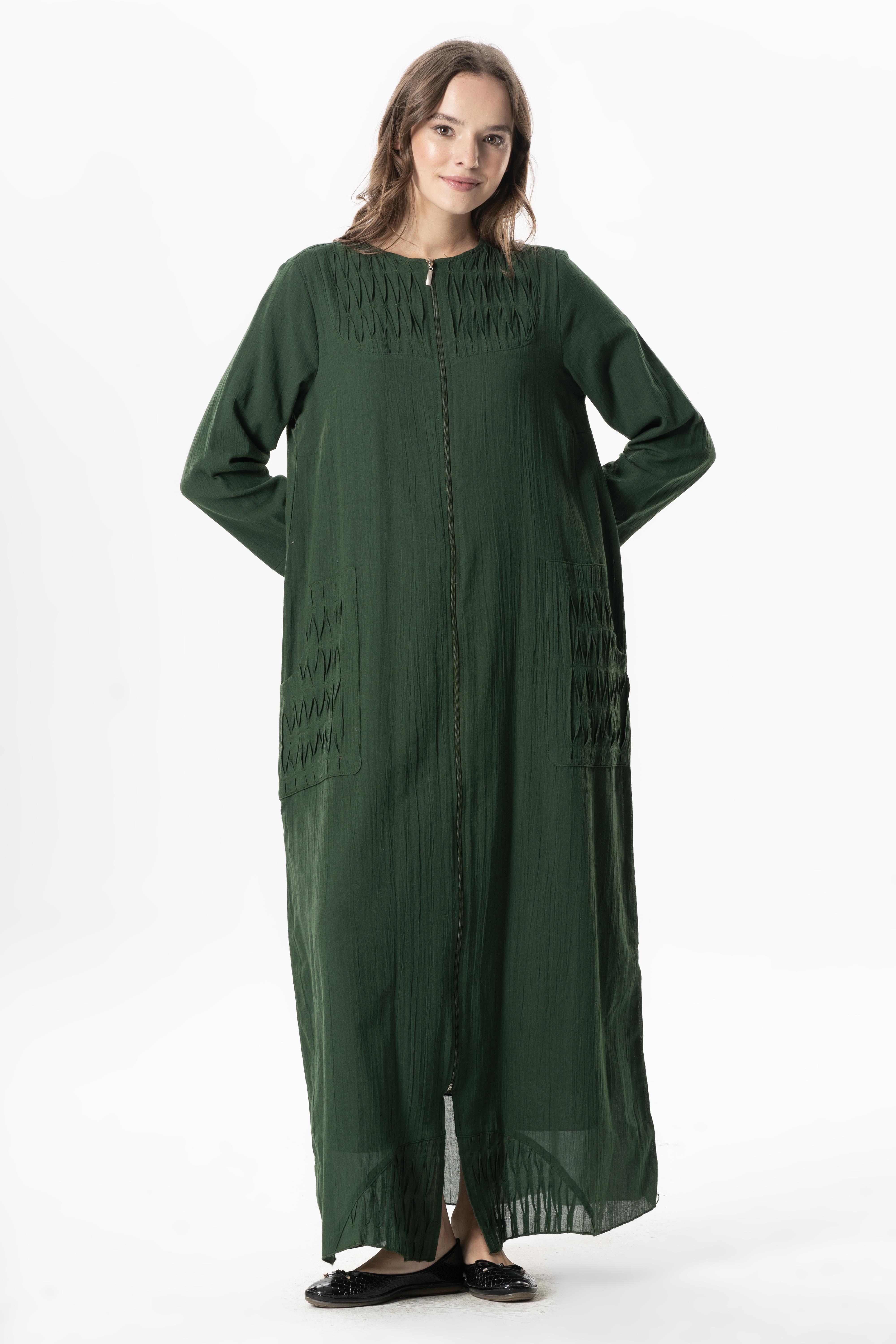 Long Sleeve Voile Tülay Ribbed Summer Abaya Green