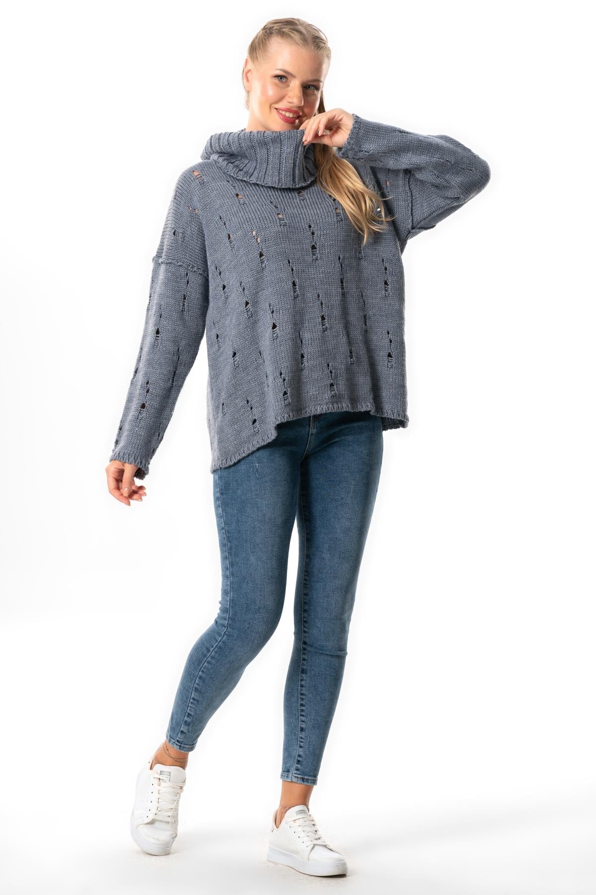 Long Sleeve Yadigar Autumn and Winter Wide Turtleneck Sweater Blouse Indigo