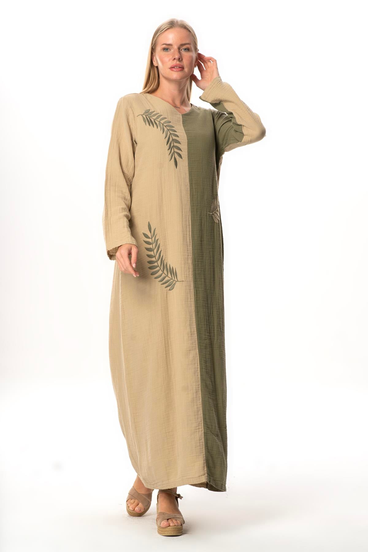 Uzun Kol Yaprak V Yaka Baskılı Müslin Uzun Otantik Yazlık Elbise Vizon/Haki Vzn/Hk