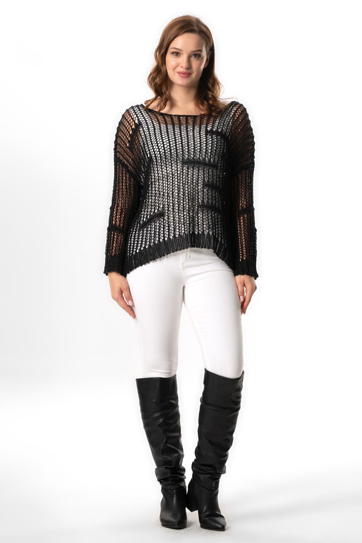 Long Sleeve Zübeyde Fall Winter Openwork Knitwear Blouse Black
