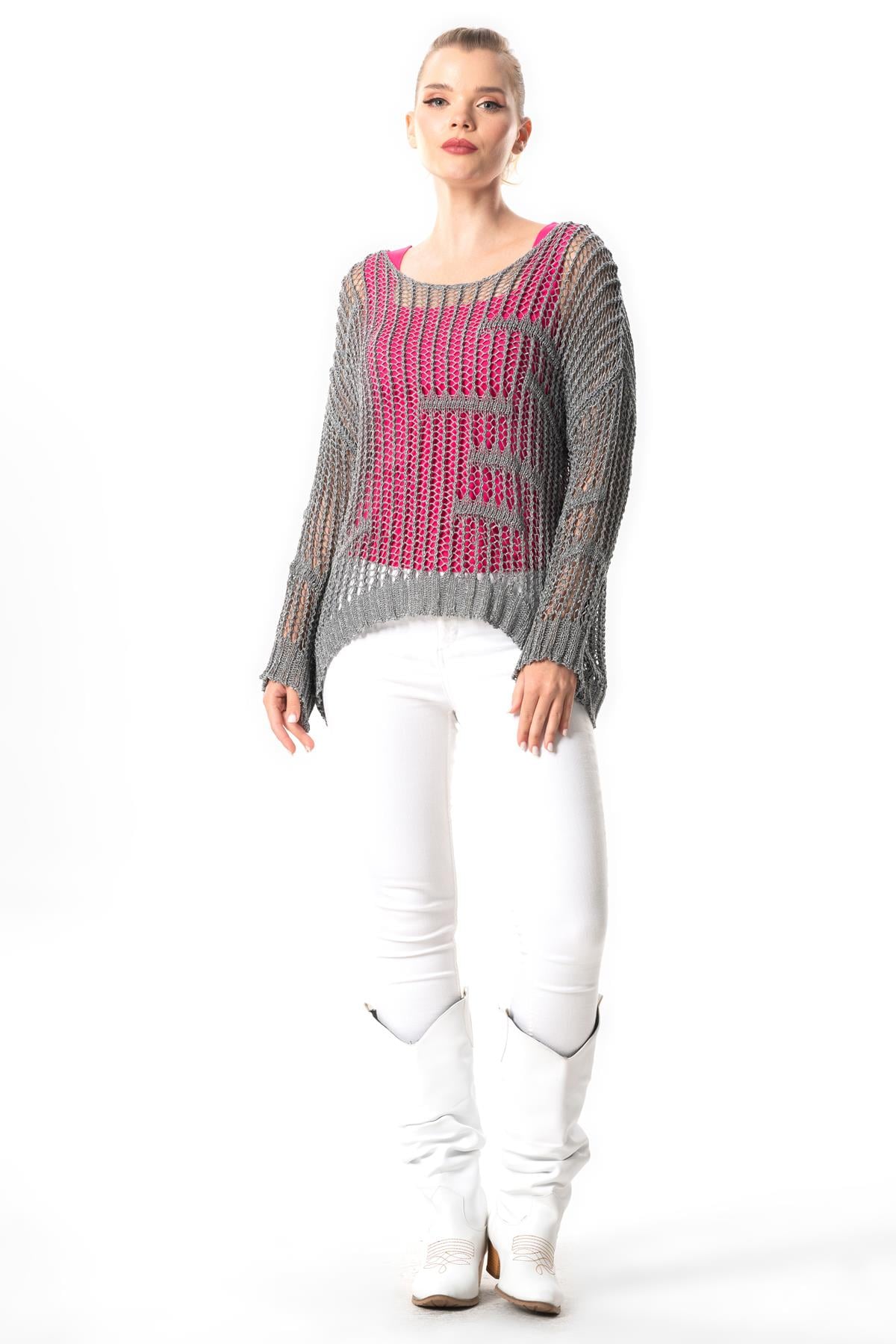 Long Sleeve Zübeyde Fall Winter Openwork Knitwear Blouse Metallic Gray