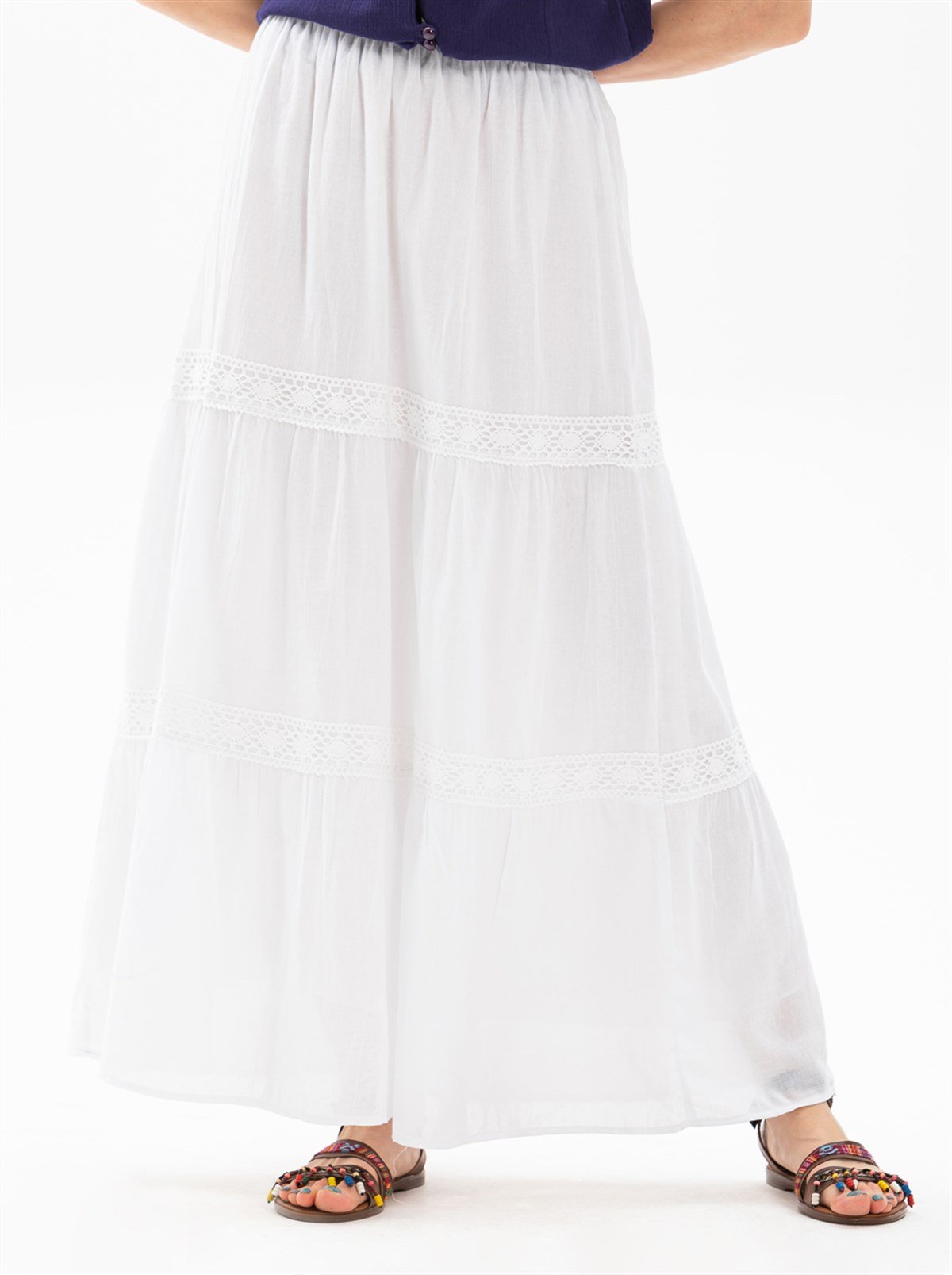 Uzun Şile Bezi Dantelli Etek Beyaz