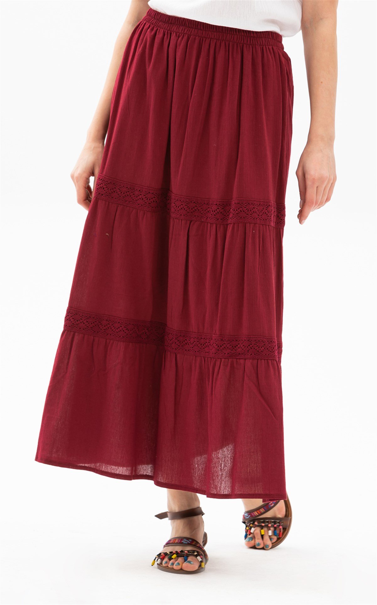 Uzun Şile Bezi Dantelli Etek Bordo