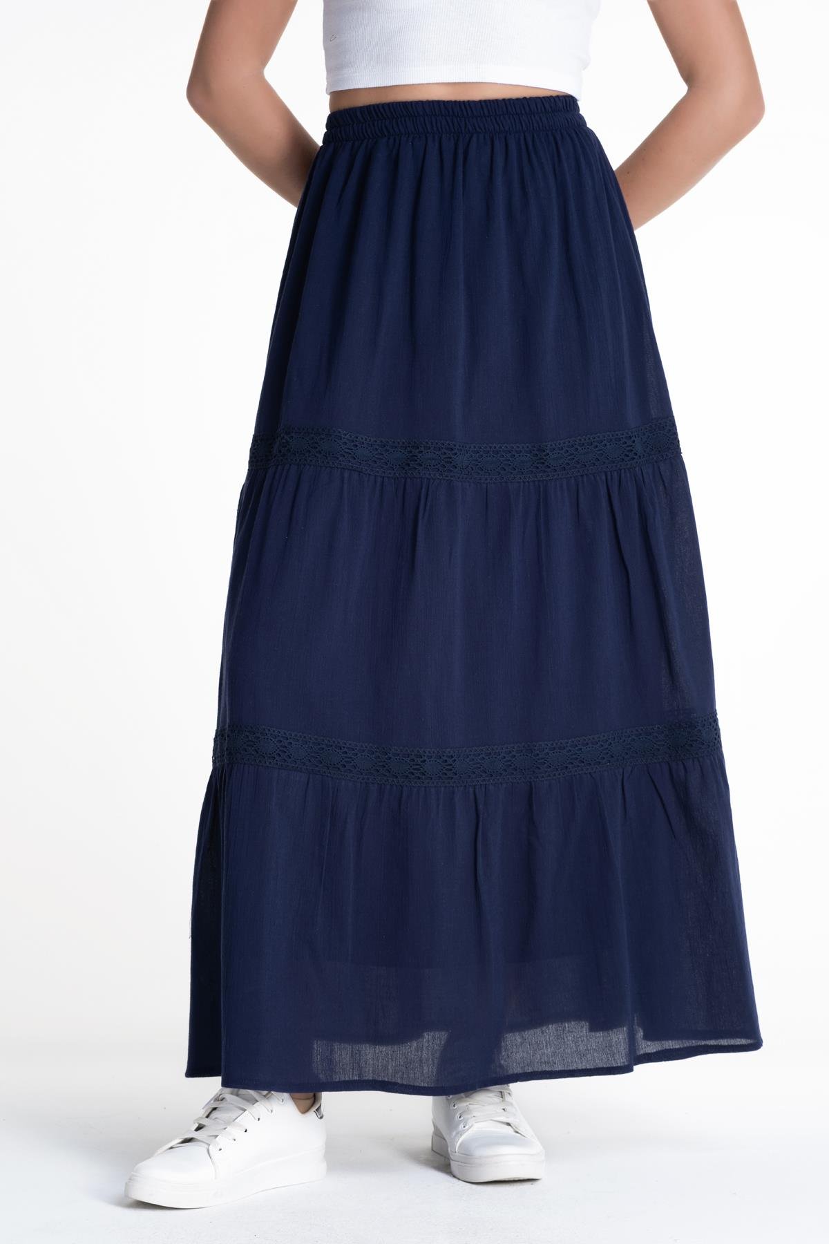 Uzun Şile Bezi Dantelli Etek Lacivert Lcvt