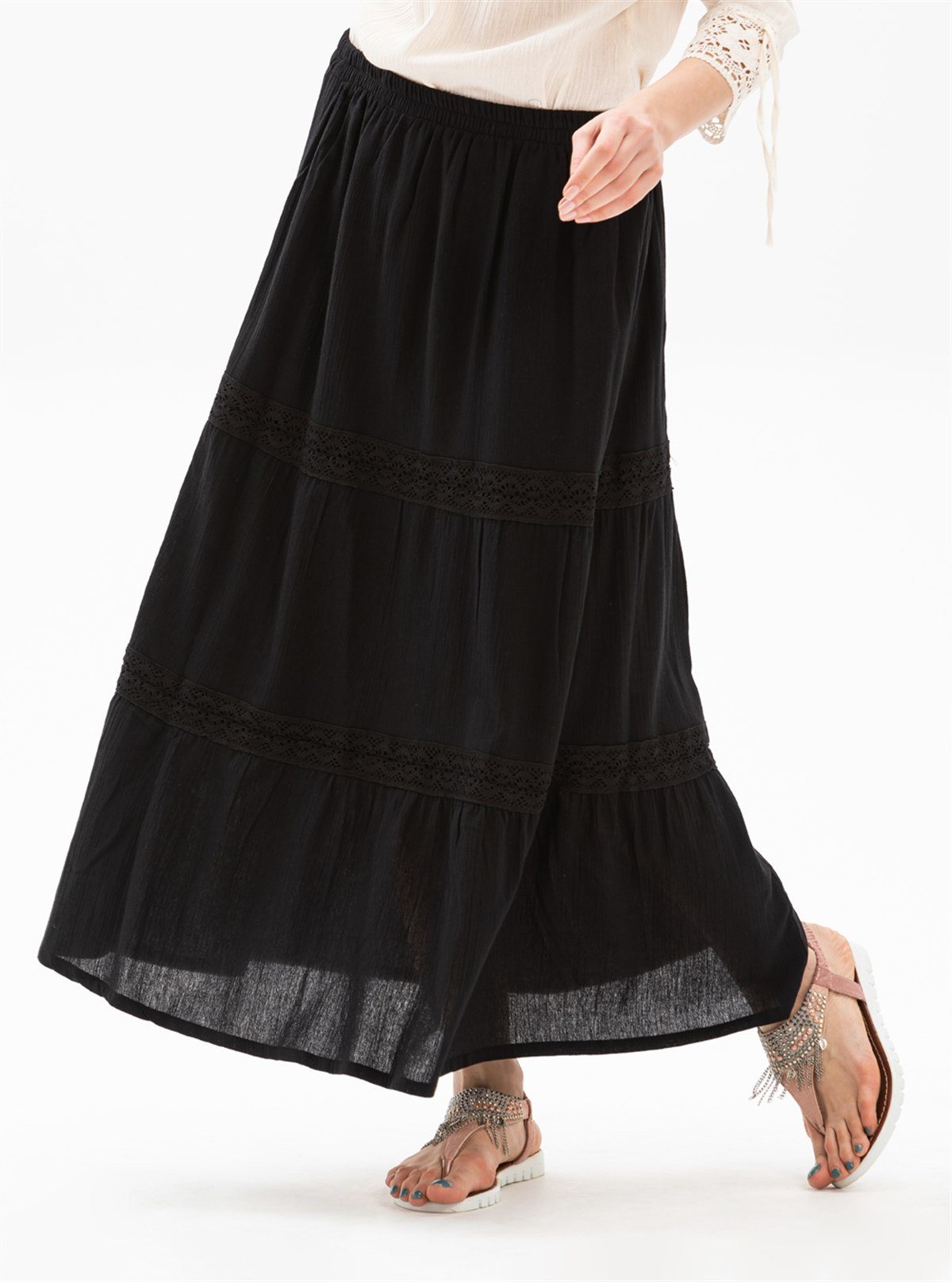 Uzun Şile Bezi Dantelli Etek Siyah