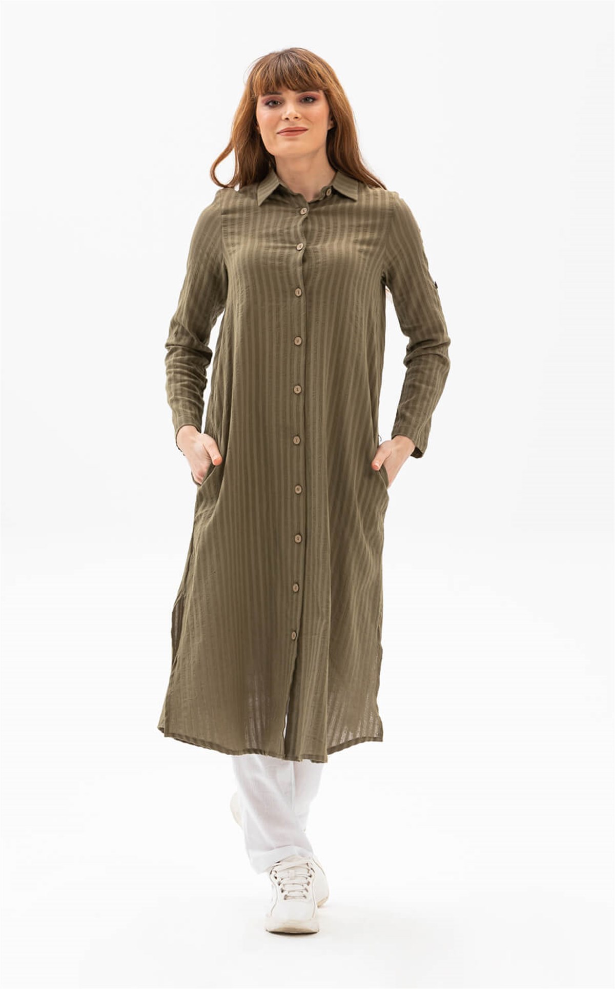 Yakalı Uzun Gofre Tunik Haki