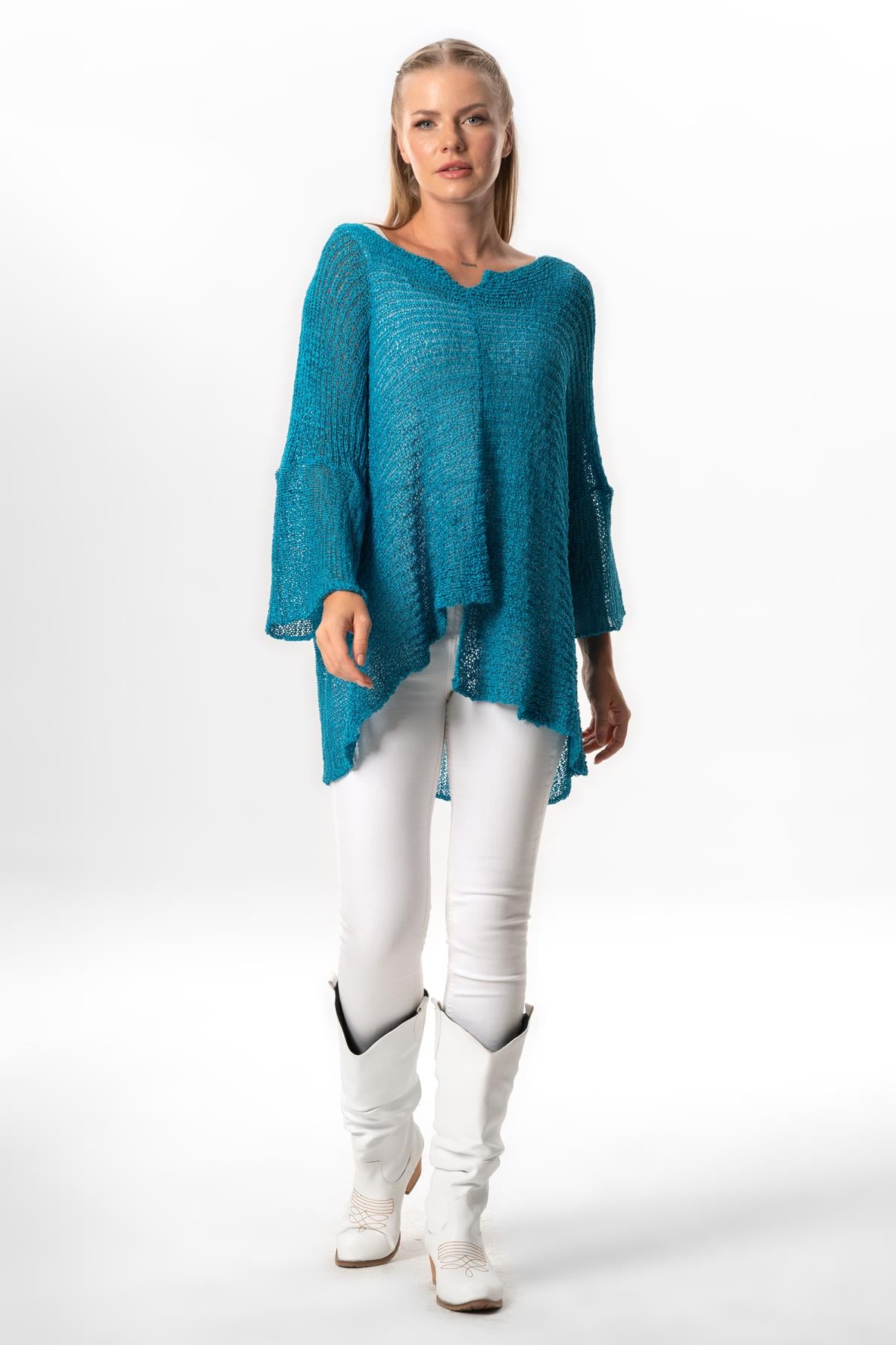 Bat Sleeve Elmas Boat Neck Autumn and Winter Asymmetric Knitwear Blouse Ice Blue
