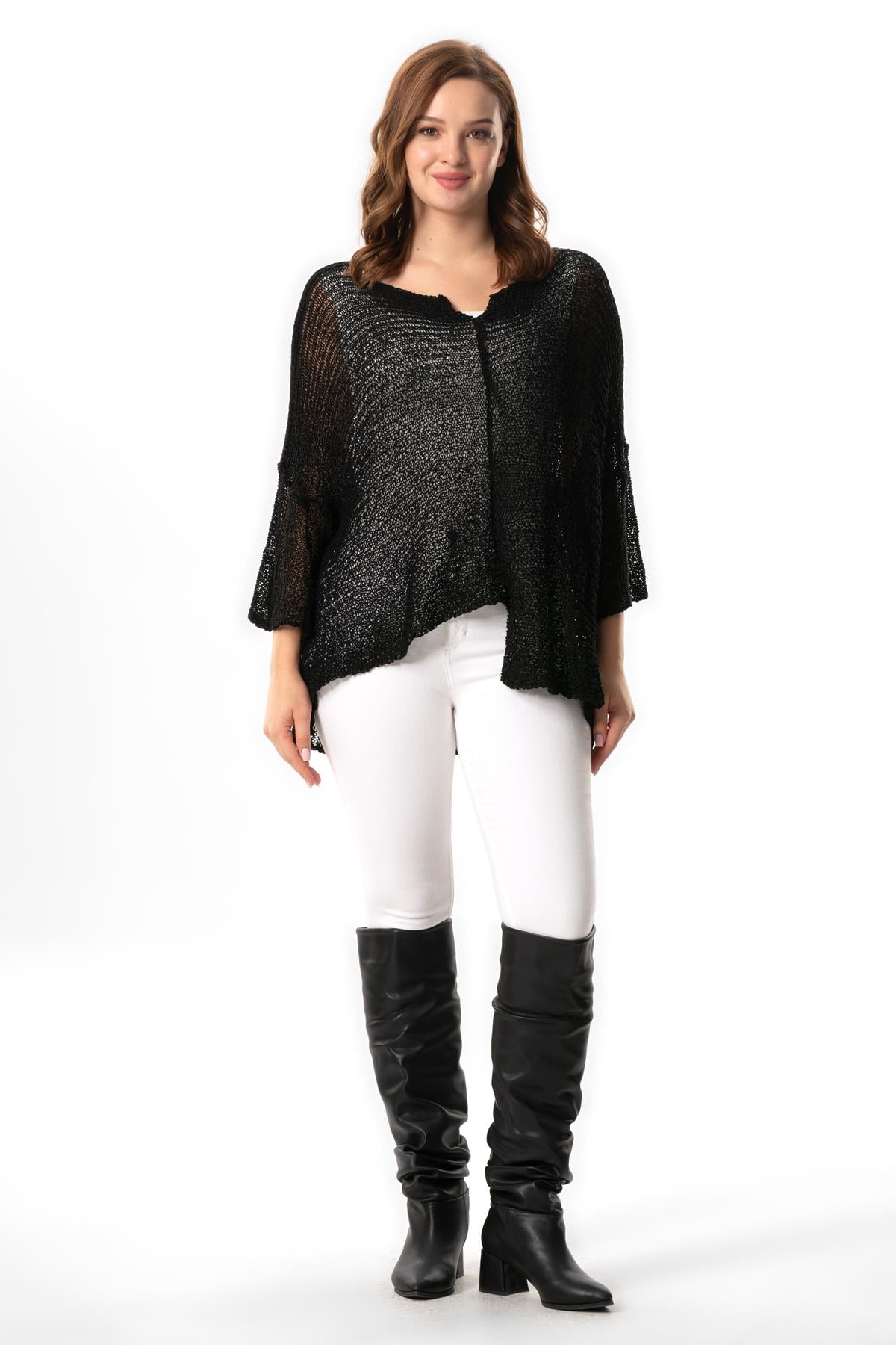 Bat Sleeve Elmas Boat Neck Autumn and Winter Asymmetric Knitwear Blouse Black