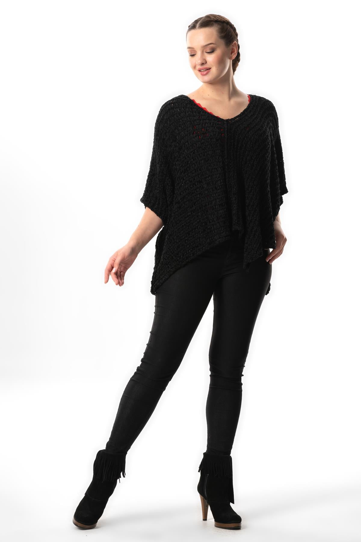Bat Sleeve Sanem V-Neck Autumn and Winter Shabby Sweater Blouse Black