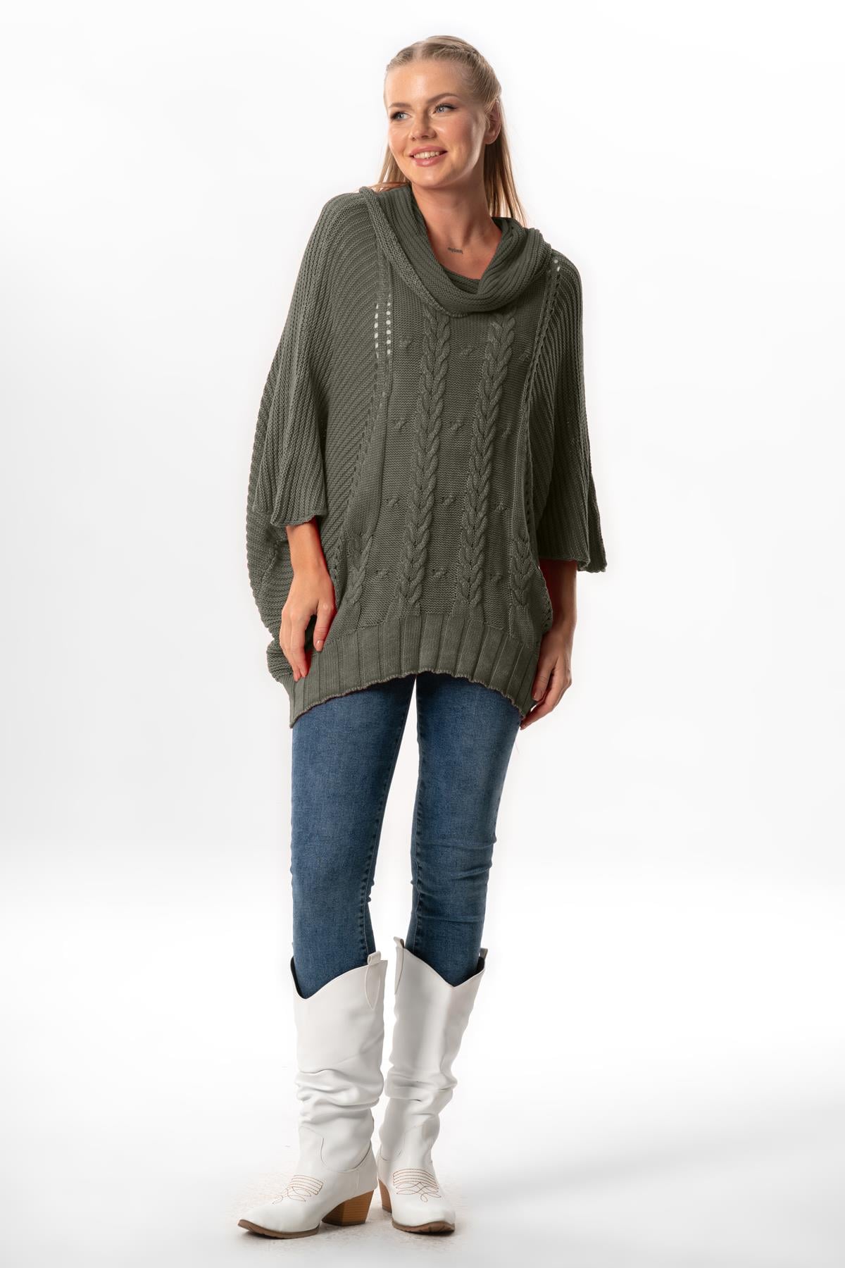 Half Sleeve Ecrin Fall Winter Loose Turtleneck Sweater Blouse Khaki