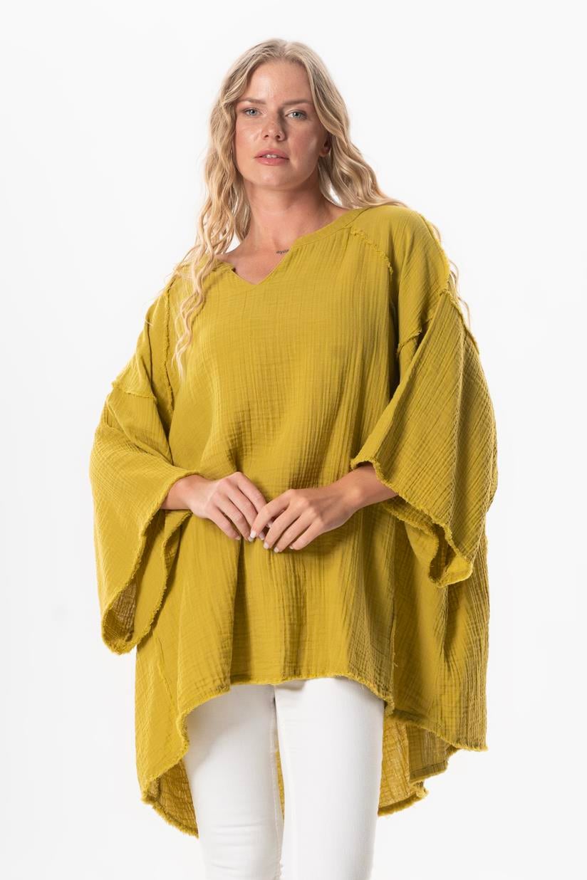 Half Sleeve Nadya V Neck Muslin Summer Blouse Oil Green