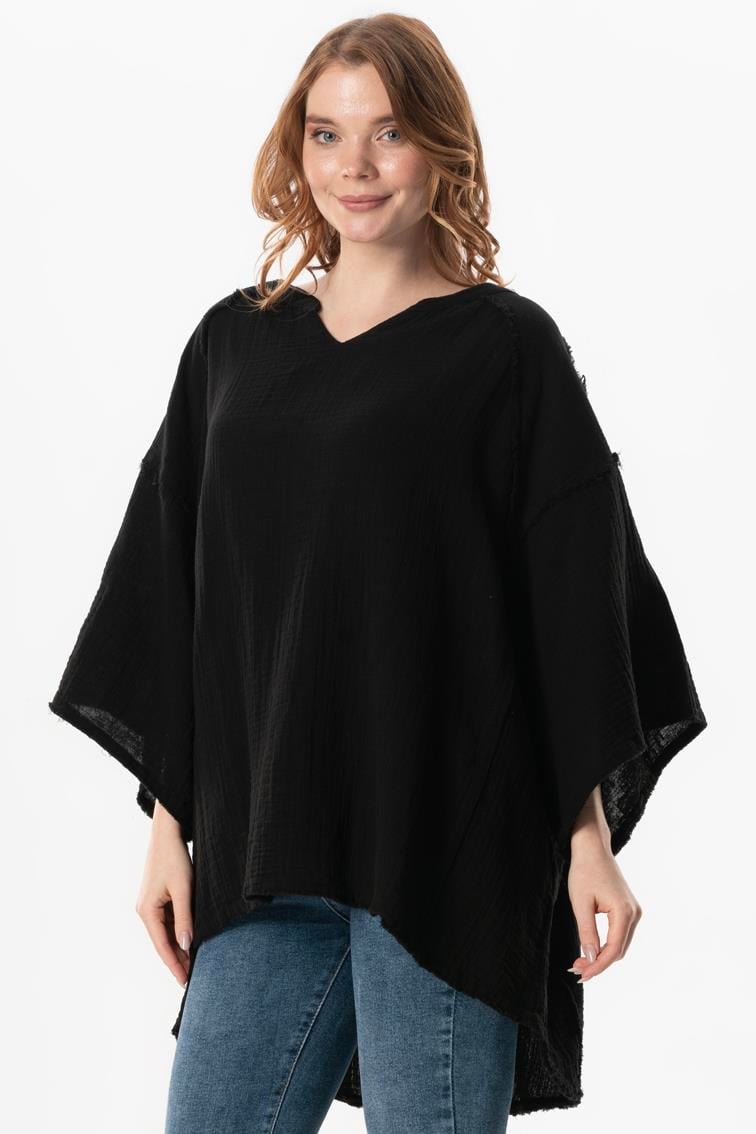 Half Sleeve Nadya V Neck Muslin Summer Blouse Black