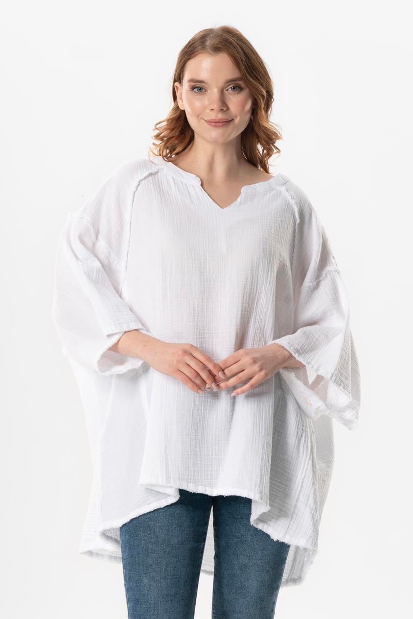 Half Sleeve Nadya V Neck Muslin Summer Blouse White