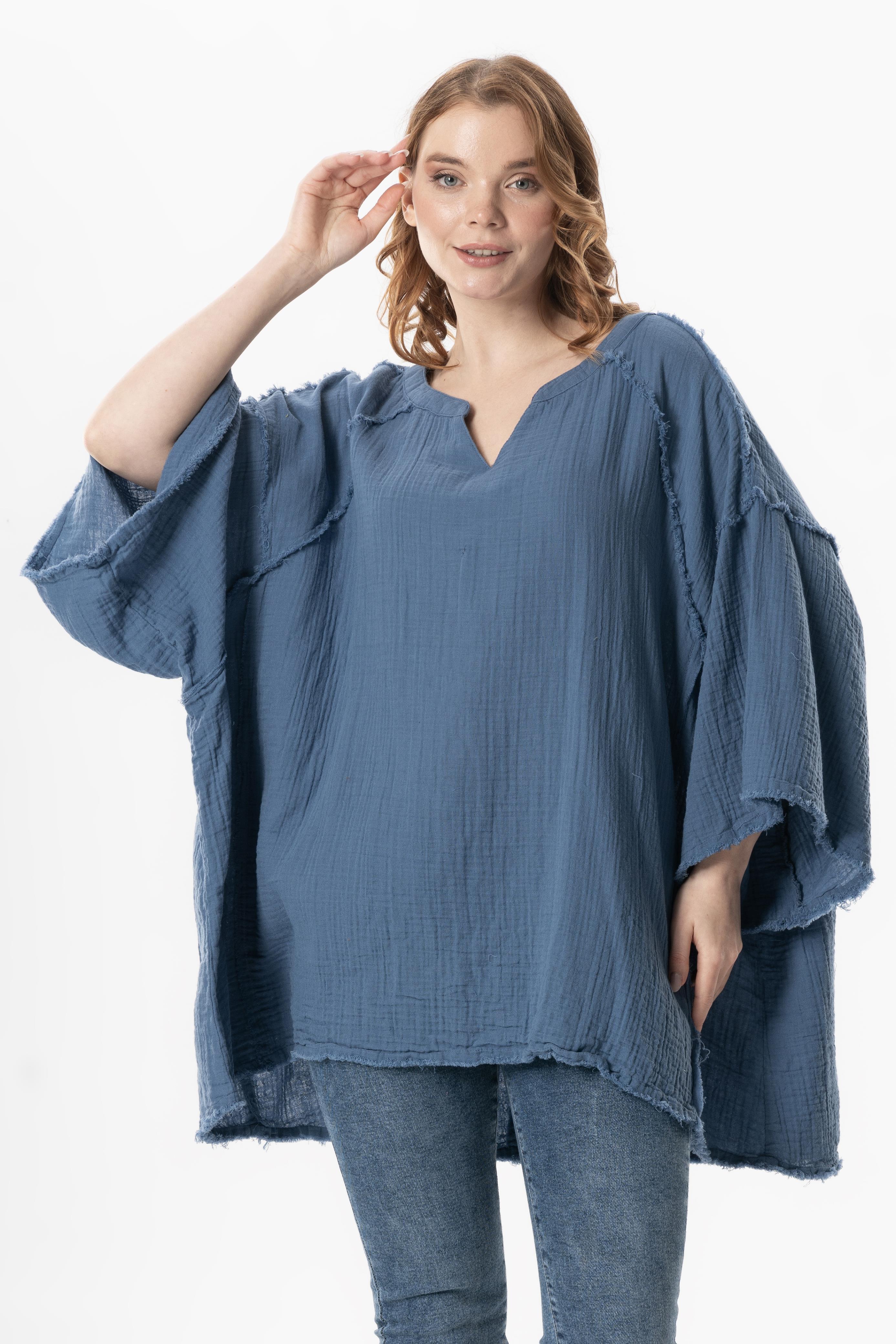 Half Sleeve Nadya V Neck Muslin Summer Blouse İndigo