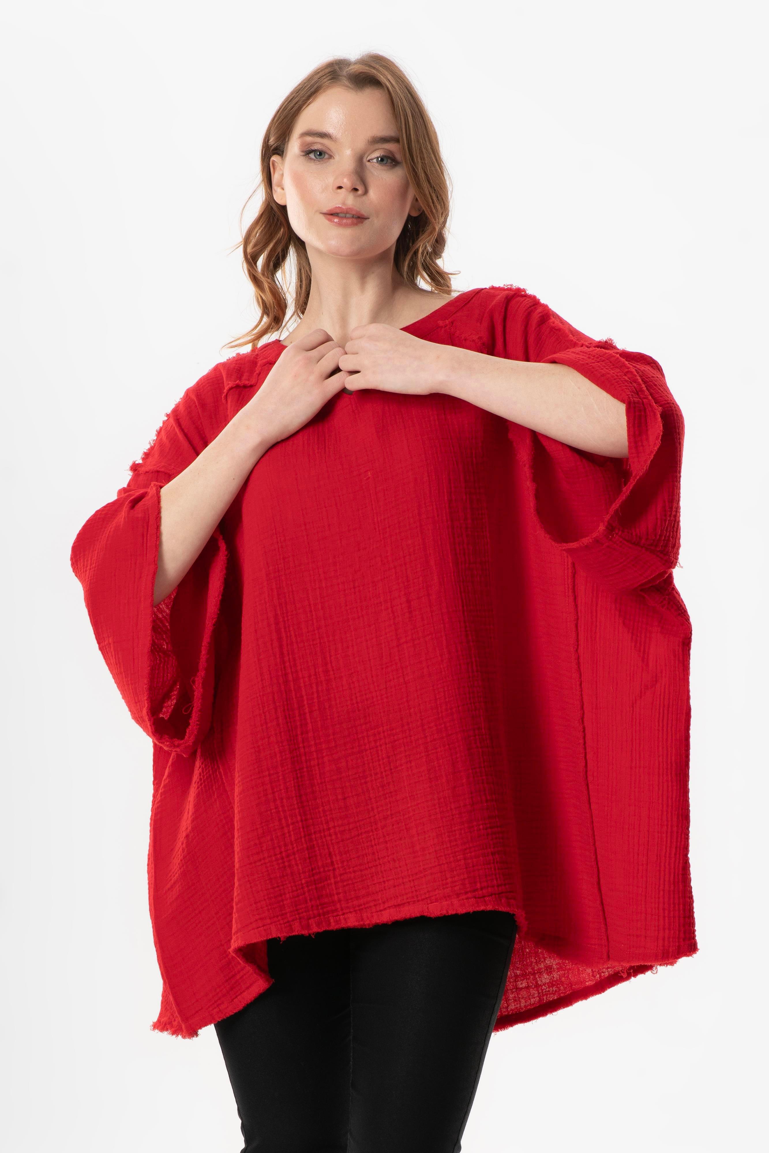 Half Sleeve Nadya V Neck Muslin Summer Blouse Red