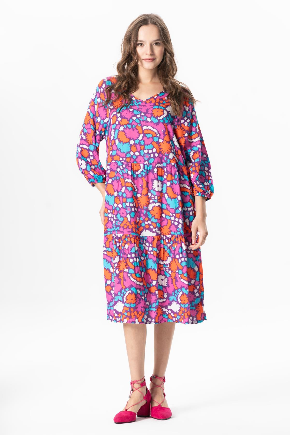 Half Sleeve Viscose Esin V Neck Midi Length Summer Dress Abstract Purple