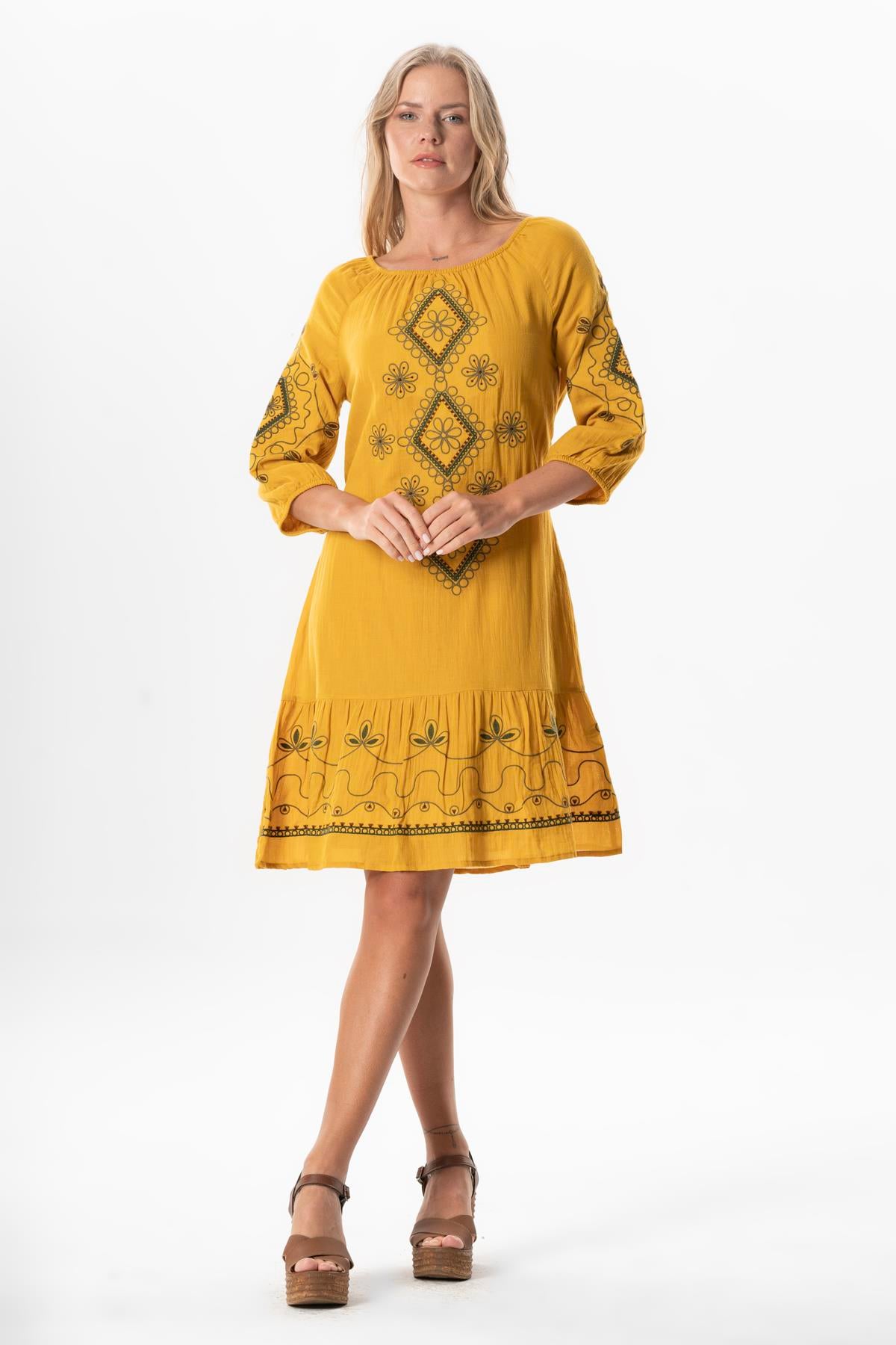 Half Sleeve Voile Yeşim Belt Detailed Embroidered Short Summer Dress Mustard