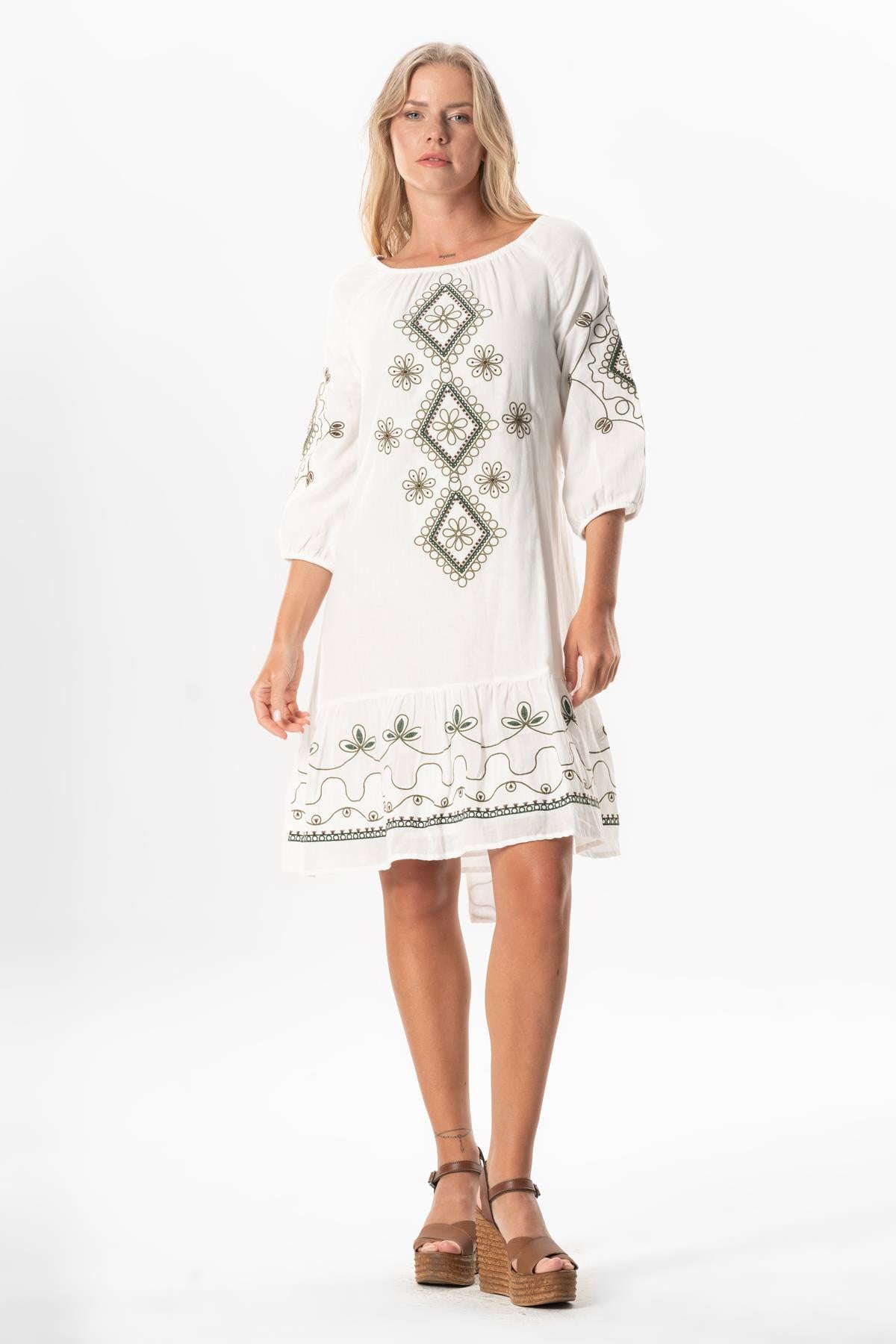 Half Sleeve Voile Yeşim Belt Detailed Embroidered Short Summer Dress Cream