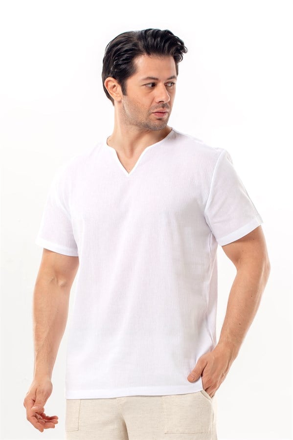Men's Şile Cotton Summer V-Neck Short-Sleeve T-Shirt White