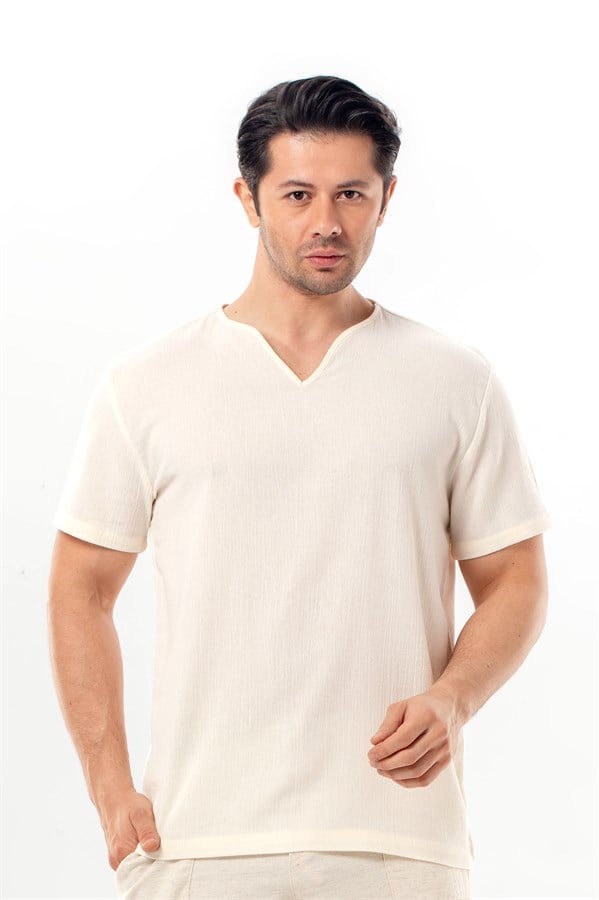 Men's Şile Cotton Summer V-Neck Short-Sleeve T-Shirt Cream