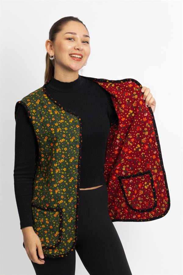 Sleeveless Meryem Two-Sided Pocketed Flannel Winter Vest Daisy Green/Burgundy