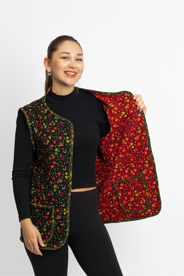 Sleeveless Meryem Two-Sided Pocketed Flannel Winter Vest Flower Black/Burgundy