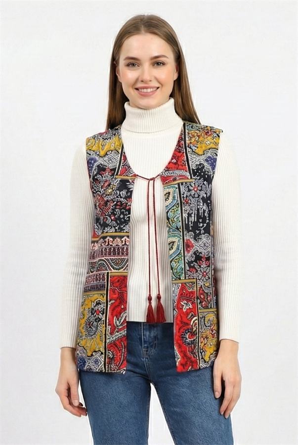 Kolsuz Tuğba Çift Taraflı Otantik Kısa Pazen Kışlık Yelek Bordo Brd