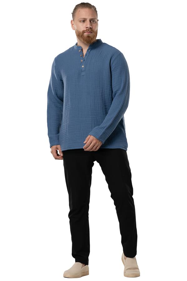 Uzun Kol Erkek Hakim Yaka Double Müslin Sonbahar ve Kışlık Sweatshirt İndigo indg